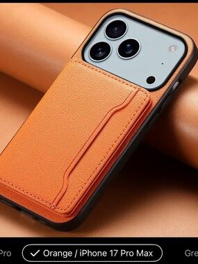 Iphone 17 Pro Max faux leather phone case with credit card storage NWT, orange
